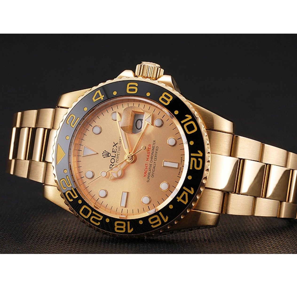 Best AAA Replica Sites II Gold Black Bezel Master Swiss Bracelet Gold Dial 1453749 GMT And Rolex Case 0711